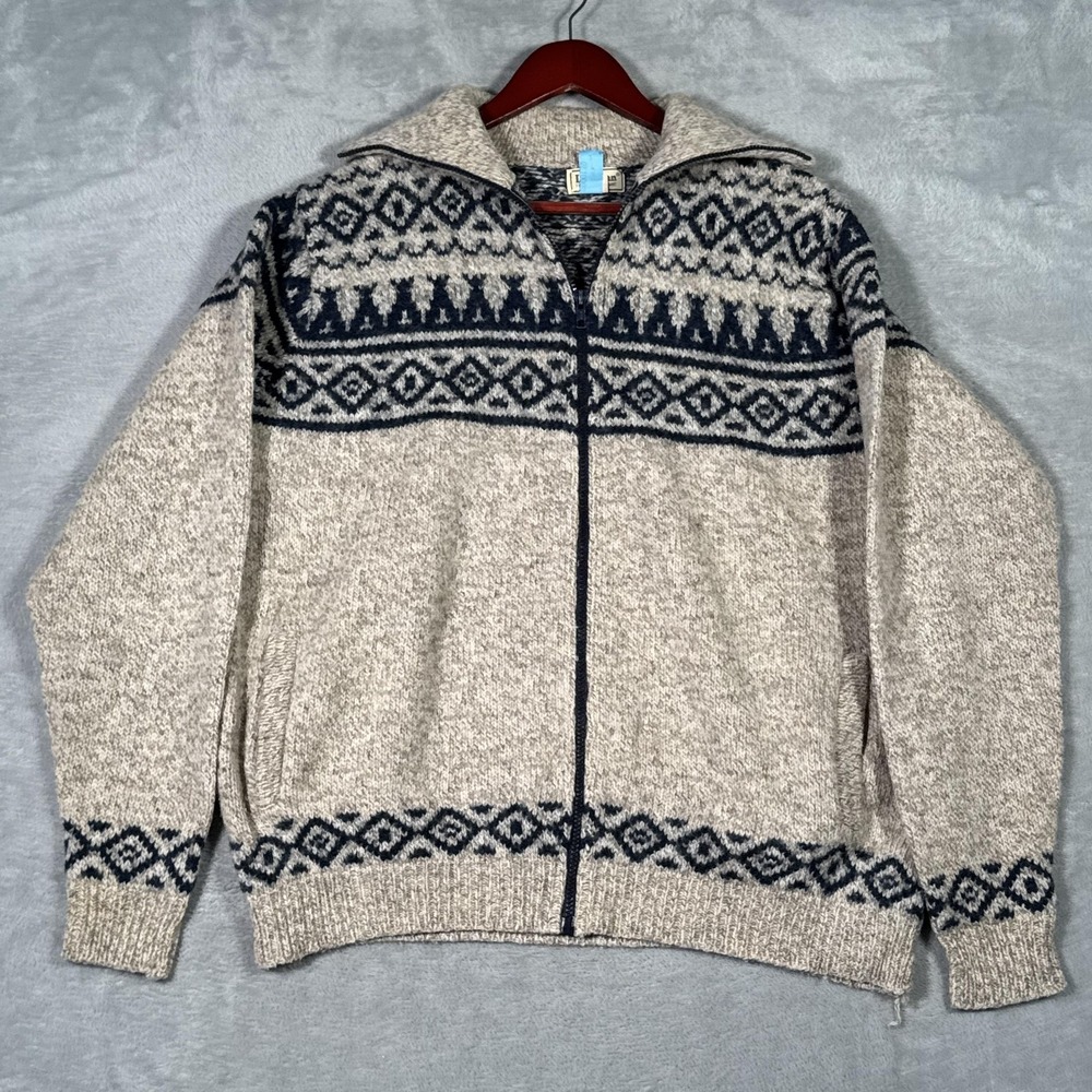 L.L. Bean Men's Zip-Up Sweater Jacket in Cream and Navy